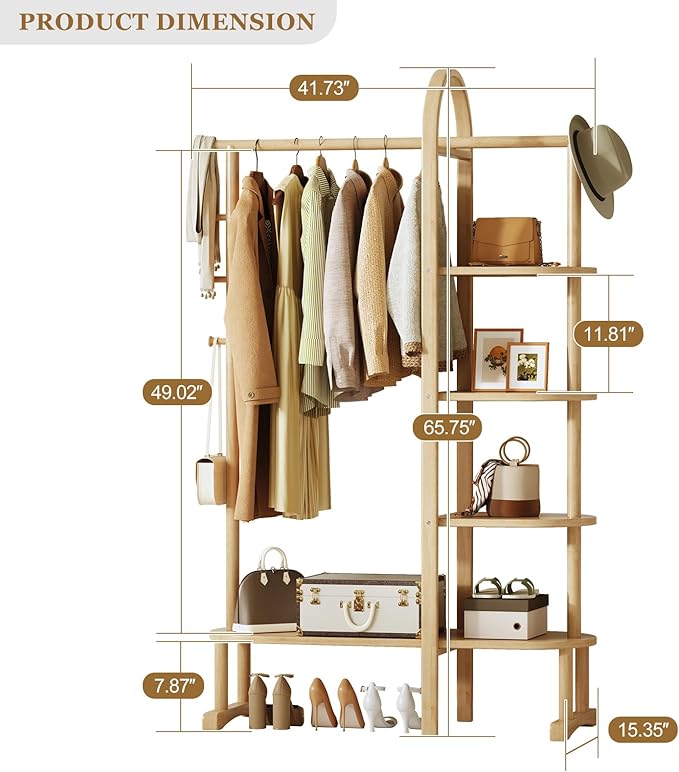 Solid Wood Clothing Rack with 4 Shelves Storage and 5 Wooden Hooks Clothes Rack,Multi-functional Coat Rack for Clothes, Shoes, Bags, Coat rack for Bedroom Entryway Living Room Hotel,Burlywood