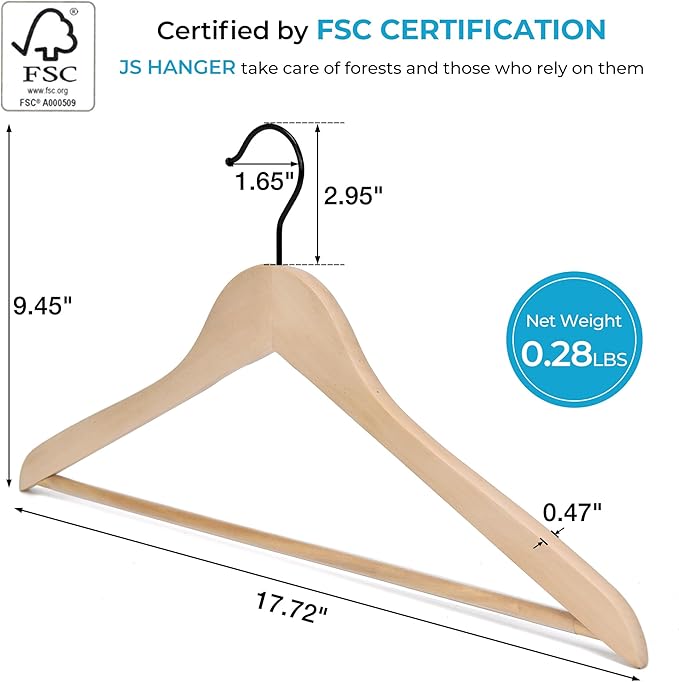 JS HANGER Wooden Coat Hangers, 30 Pack High Grade Wood Suit Hangers with Non Slip Pant Bar - Extra Smooth and Splinter Free, Unvarnished