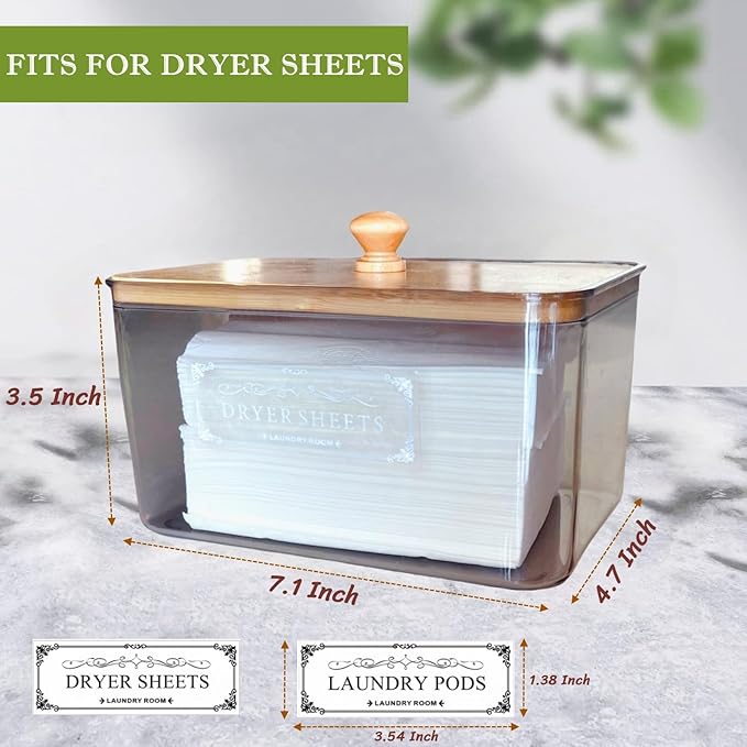 Dryer Sheet Holder with Bamboo Lid,Acrylic Laundry Clear Dryer Sheets Dispenser Container Box for Laundry Room Organization and Storage Holds Sheets,Balls,Clothes Pins,Laundry Pods (1 Pcs/2 Labels)