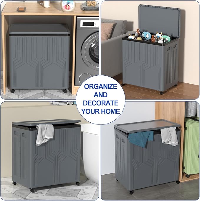 120 L Large Double Laundry Hamper with Lid and Wheels, 2 Section Plastic Laundry Basket with Wheels, Foldable Rolling Clothes Basket for Bathroom Bedroom, Gray
