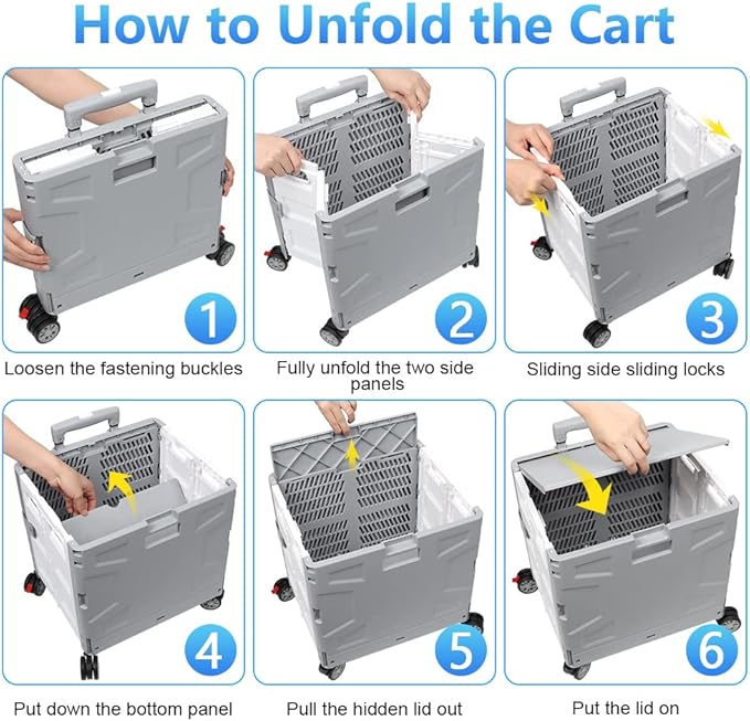 Foldable Shopping Utility Cart Portable Rolling Crate Handcart with 360°Rotate Wheel,Hidden Lid,Telescoping Handle Collapsible for Travel Shopping Moving Storage Office Use(White/Gray)