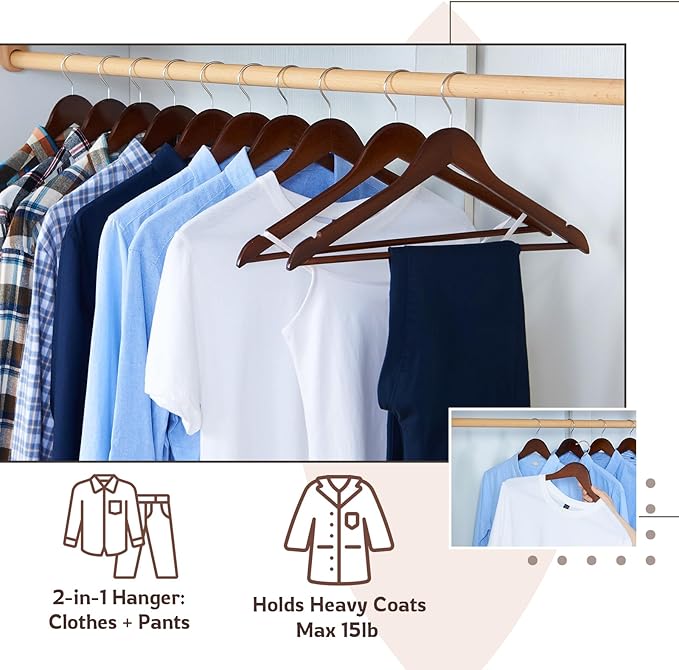 ELONG HOME Wooden Hangers, 20 Pack Coat Hangers with Extra Smooth Finish, Precisely Cut Notches and Chrome Swivel Hook, Wooden Clothes Hangers for Shirt Suit Jacket Dress