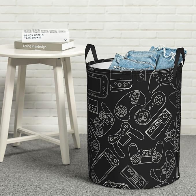 Video Game Controller Background Round Laundry Hamper Gaming Gadget Storage Basket Toys Clothes Organizer Bin For Home Bathroom Bedroom Dorm Nursery, 62l