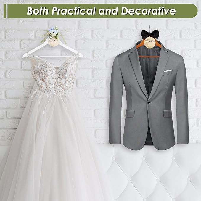 Bride & Groom Hanger - 2 Pack Personalized Name Tags, Dark & White Wood Bridal Dress Hanger, Ideal Keepsake for Wedding Day Photos & Gift
