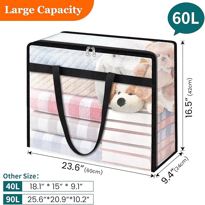 8 Pack Clear Storage Bags for Comforter, Clothes & Bedding, Plastic Blanket Storage with Zipper and Handle, Moving Bags, Closet Organizer and Under-Bed Storage (60L)
