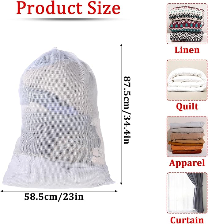 Large Mesh Laundry Bag with Drawstring Closure - 24"X 36" White, Ideal for Travel, College Dorm, Apartment, Family