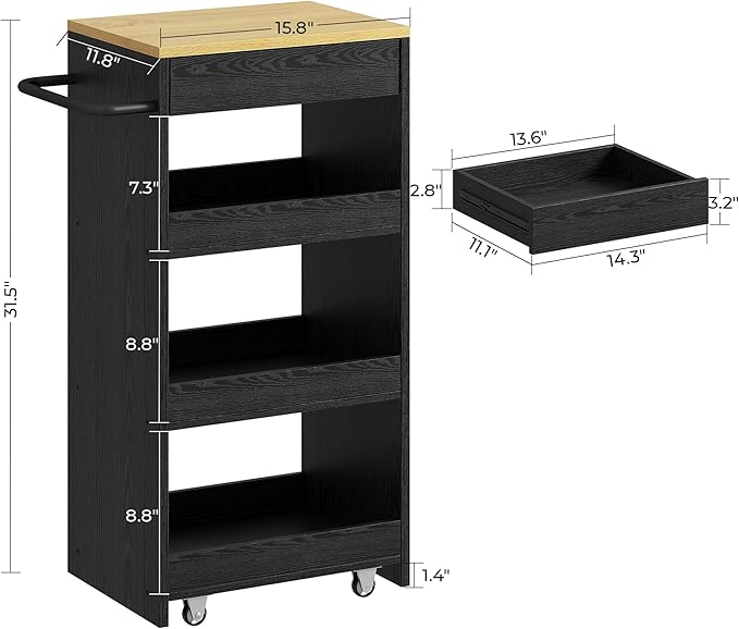 IRONCK Wood Storage Cart 15.8" W, 4 Tier Rolling Kitchen Cart on Wheels, Slide Out Utility Cart, Organizer Trolley with Handle, Drawer for Kitchen, Laundry, Bathroom, Black