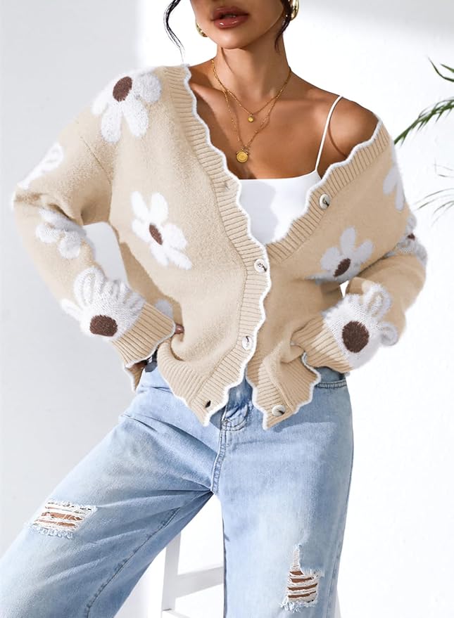 Pink Queen Fuzzy Sweater Cardigan for Women 2025 Fashion Long Sleeve Flower Outerwear Button Down Open Front Cardigan Coat