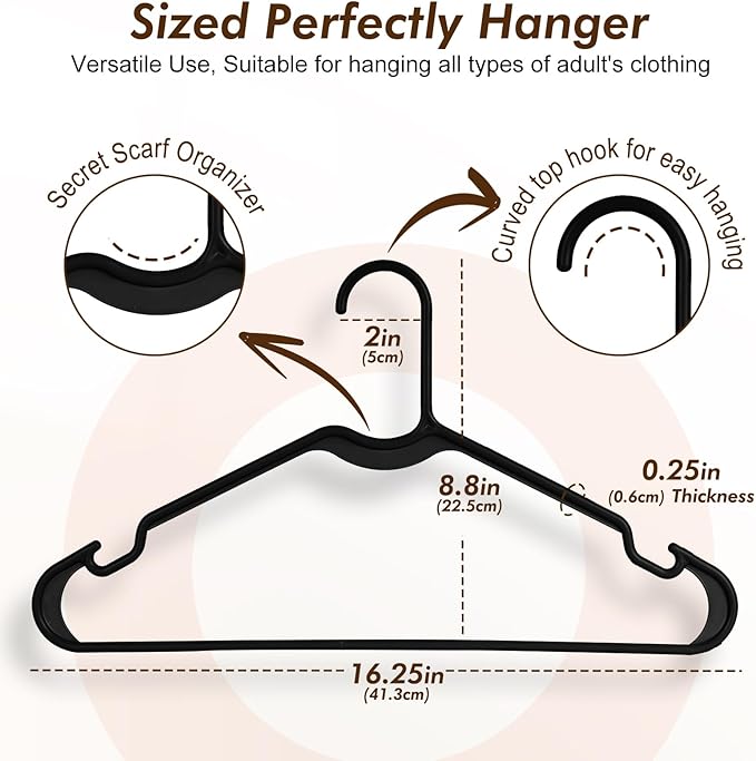 HOUSE DAY Black Plastic Hangers 50 Pack - Made in USA - Lightweight & Slim Space Saving Clothes Hanger with Shoulder Grooves for Dresses, Lingerie, Shirts, Pants, Durable Closet Organizers and Storage