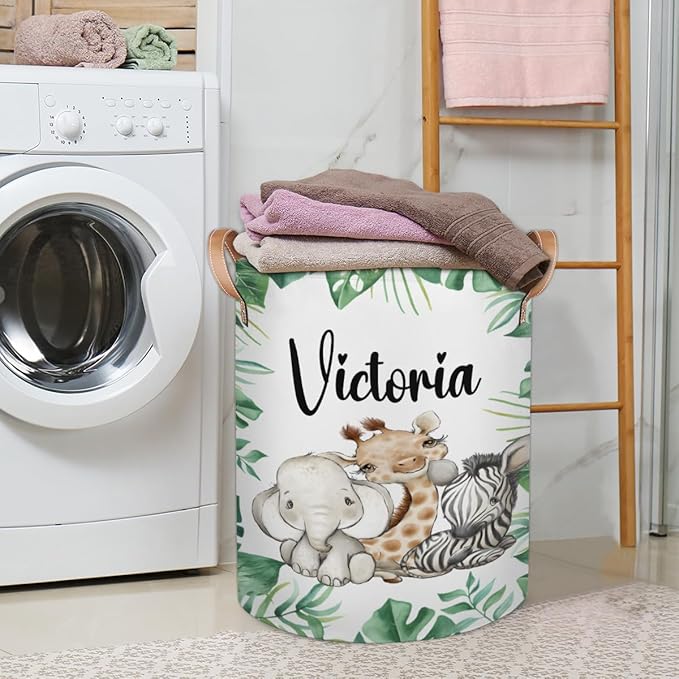 Personalized Laundry Basket, Custom Gift Laundry Hamper, Collapsible Nursery Waterproof Laundry Baskets, Dirty Clothes Toy Hamper with Handles Jungle Animals