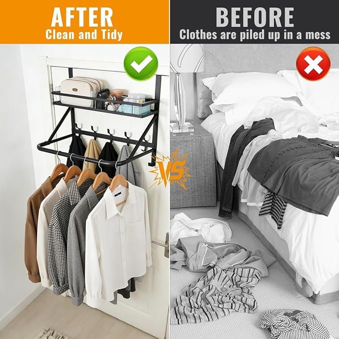 Over The Door Clothes Hanger, Metal Over The Door Hangers for Clothes with 7 Hooks1 Storage Basket For Clothing Hanger Drying Racks for Laundry, Bedroom, Washroom wait（black）