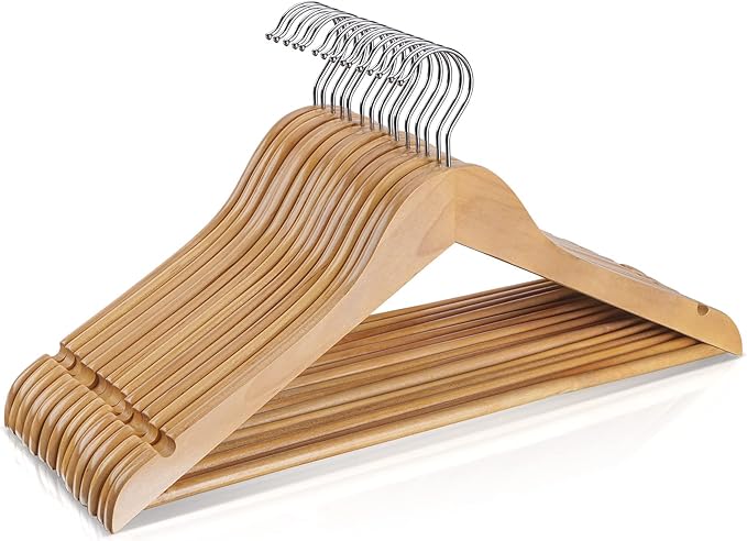 Wooden Hangers 10 Pack,Heavy Duty Wood Coat Hangers,with 360-degree Hook，Smooth Finish Wooden Clothes Hangers with Non Slip Pants Bar, Sturdy Clothes Hangers for Shirts,Suit,Natural