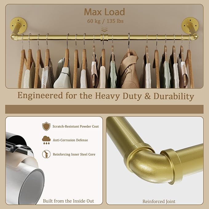 Wall Mounted Clothes Rack, Industrial Pipe Clothing Rack 28 Inch Gold, Wall Clothes Hanger for Bedroom, Cloakroom, Closet, Hallway, Boutique Display, Drying Racks Wall-Mount for Laundry