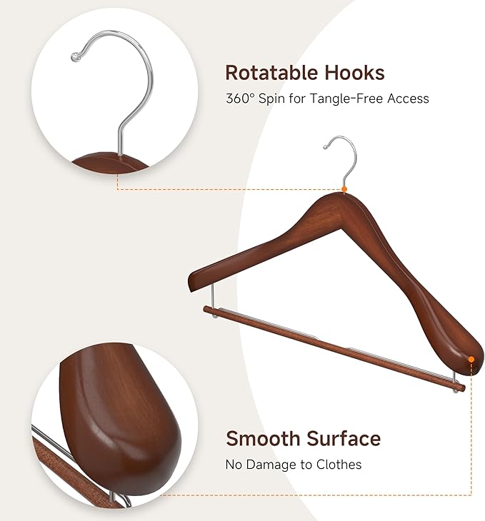 StorageWorks 6 Pack Wooden Hangers, Extra Wide Shoulder Wood Hangers with Locking Bar for Suit, Shirt, Coat, Pants, Walnut Color