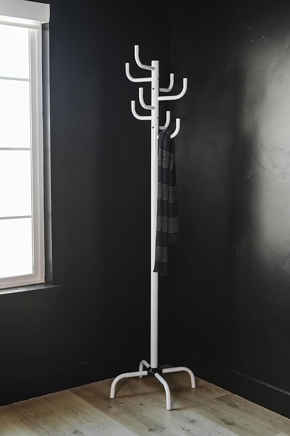 White Coat Rack-8 Hooks Freestanding Metal Coat Stand, Stable Coat Hanger Tree for Bags, Jacket, Clothes, and Hats - Sturdy Metal Construction 19.7x19.7x72.5 in. Entryway Organizer for Home or Office