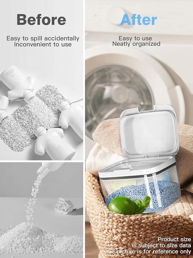 LivLab Mker Laundry detergent dispenser with One-Press Lid,for laundry room organization,Clear PET laundry powder container with Measuring Cup,laundry pods container 2.8L/6Lbs/100oz(120 Pods)
