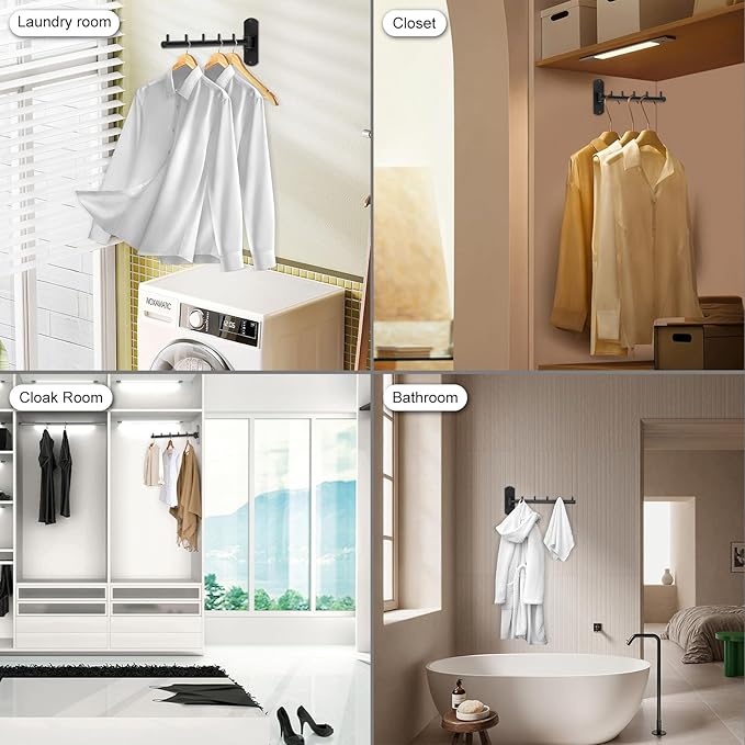 Sumnacon Clothes Rack,2Pcs Stainless Steel Clothes Hanger,Wall Mounted Clothes Rack,Wall Mounted Drying Rack with Swing Arm,Wall Clothes Hanger for Bathroom Laundry Room Closet,Black