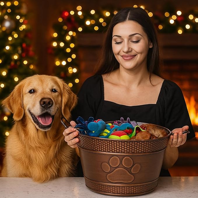 BREKX Metal Indestructible Dog Toy Bin - Storage Bin with Handles, Farmhouse Organizer Storage Basket for Pet Toys, Blankets, Leashes - Home Decor (Lead-Free Copper)