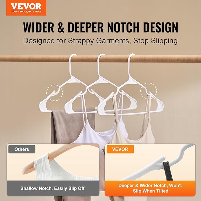 VEVOR Hangers, 0.2 in Ultra-Thin, 50 Pack White Plastic Hangers with Stable Triangular Top Structure & Wider Notch Design, Non-Slip Space Saving Hanger, Fit for T-Shirt, Shirt, Sling & Pant