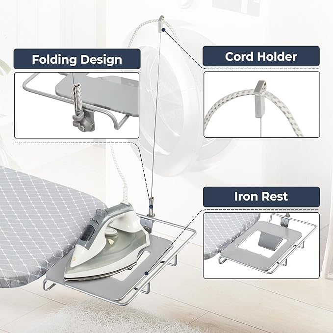 STO STO Ironing Board 48" x 18" with Iron Holder, Cord Holder and Clothes Rack, Adjustable Height 27" to 37", Full Size Foldable Iron Board with Silver Coated Cotton Removable Cover, Gray Checkered