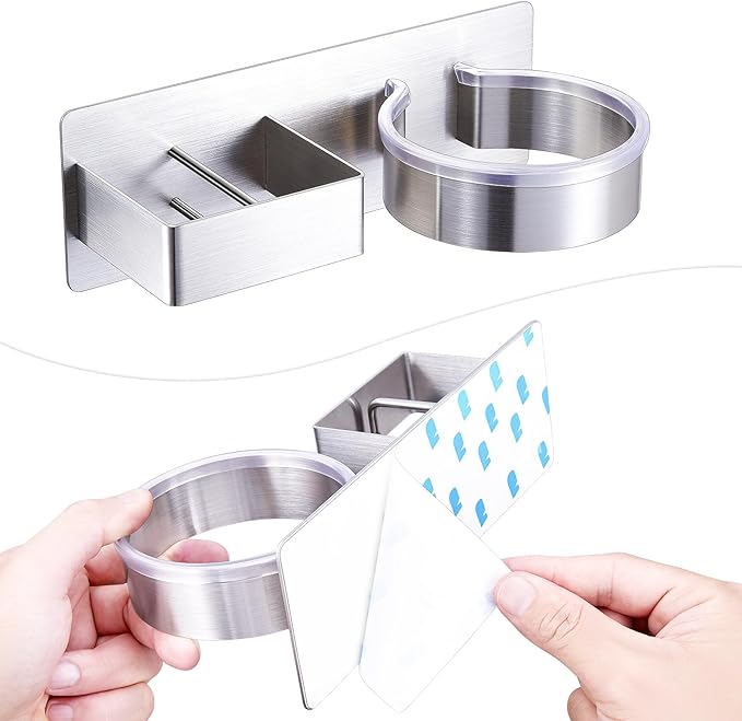 Hair Dryer Holder Wall Mount, Stainless Steel Straightener Holder, Adhesive Blow Dryer Holder and Curling Iron Holder Storage, Hair Tools Organizer for Bathroom Barber Shop Hotel
