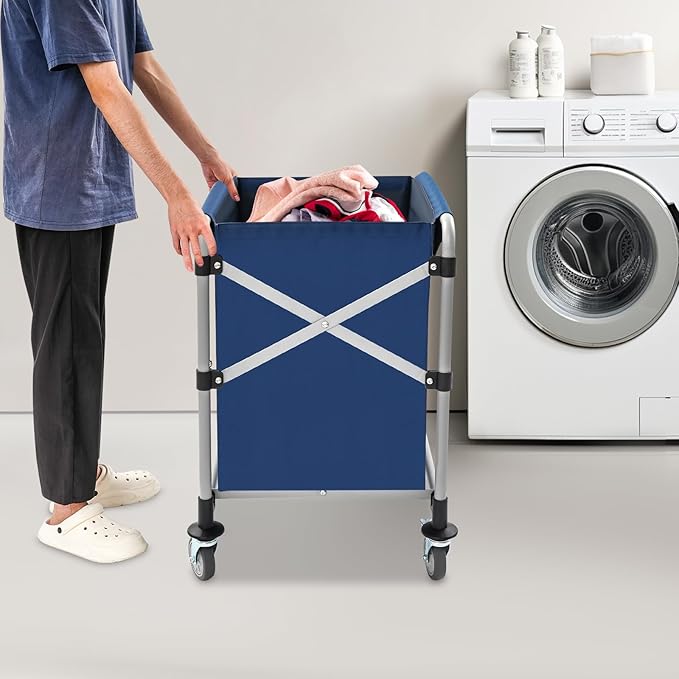 Commercial Laundry Cart, Laundry Basket with 360° Swivel Casters, Folding Laundry Cart Hamper on Wheels Heavy Duty Steel Frame 220 lbs Capacity Large Rolling Laundry Baskets Trucks (Blue)