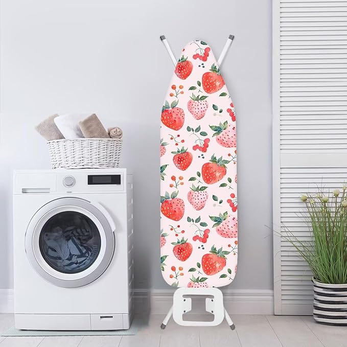 Strawberry Iron Board Cover Non Stick Scorch Easy-Fit Ironing Board Cover Standard Size with Elastic Edge and Hook & Loop Fastener Strap