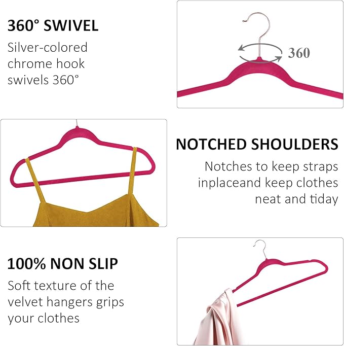 VECELO Premium Velvet Clothes Hangers Suit Heavy Duty (60 Pack)-Non Slip & Space-Saving with 8 Finger Clips & Tie Rack Excellent for Men and Women,Dark Rose Red