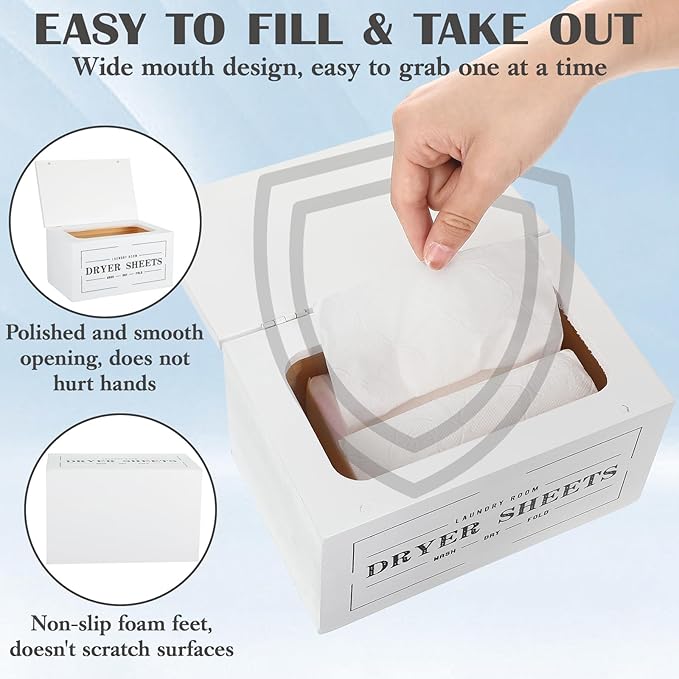 Farmhouse Dryer Sheet Holder with Lid - Rustic Dryer Sheet Dispenser Laundry Room Decor Accessory, White