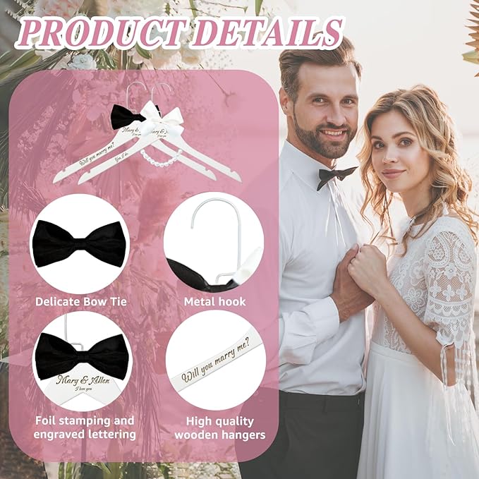 2 Pcs Personalized Wedding Hanger for Bride and Groom, Wooden Bride Hanger, Custom Mr and Mrs Hangers with Bow Tie for Tuxedo, Bridal Party Shower, Wedding Gift