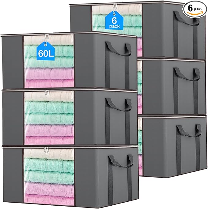 60L Extra Large Clothes Storage Bags, 6 Pack Blanket & Clothing Storage Bins, Foldable Closet Organizers with Clear Window and Reinforced Handles for Clothing, Blankets, Bed Sheets and Pillows