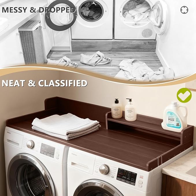 Washer Dryer Countertop, HDPE Laundry Countertop with Storage Shelf and Edge Rails-Brown