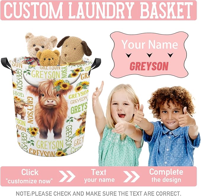 Highland Cow Laundry Basket,Personalized Laundry Hamper for Boys Girls,Custom Laundry Basket With Name, Customized Dirty Clothes Hamper for Bathroom Bedrooms,M-19.5"X 15.7"