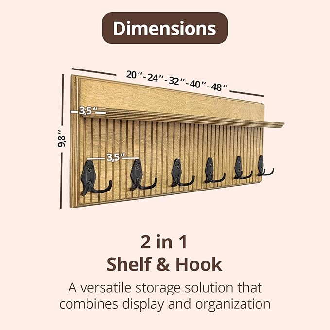Rustic Wall Mounted Coat Rack with Shelf Wooden Entryway Organizer with 5 Metal Hooks for Coats Hats Towels Keys Floating Storage Shelf for Bathroom Bedroom (Jade, 32 inch Striped (4 Hooks))