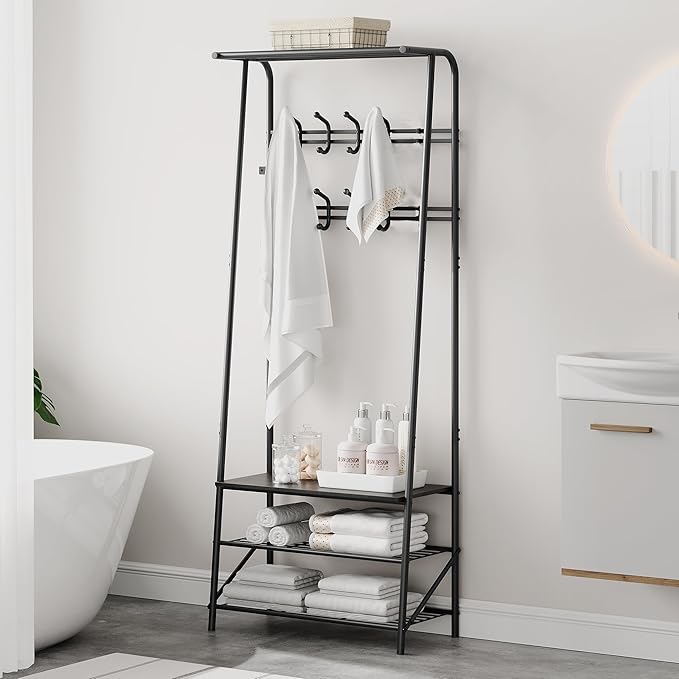 Coat Rack, 4-In-1 Hall Tree, Entryway Shoe Bench Coat Standwith Metal Frame, 3-Tier Shelf and 10 Hooks for Entryway,Hallway, Bedroom