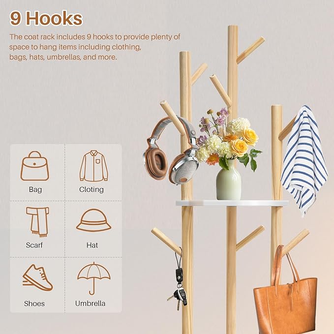 LIWSHWZ Solid Wood Rotary Coat Rack,Coat Rack Freestanding with 3 Shelves and 9 Hooks,Coat Hanger Stand for Purse,Bag,Hat,Corner Hanger Stand Racks for Hall,Entryway,Office,Modern Clothes Holder