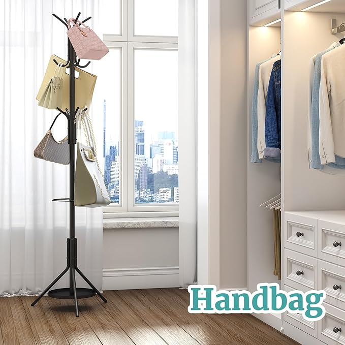 Black Coat Rack, Coat Rack Freestanding with Umbrella Holder, Adjustable Height Shelf with 12 Hooks, Used In The Bedroom, Living Room, Office To Hang Clothes, Hats, Bags