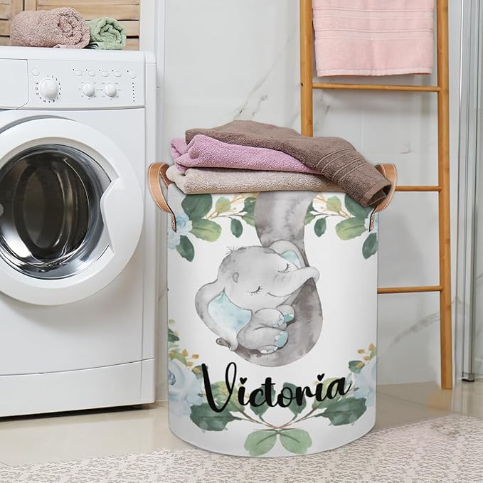 Personalized Laundry Basket, Custom Gift Laundry Hamper, Collapsible Nursery Waterproof Laundry Baskets, Dirty Clothes Toy Hamper with Handles Blue Floral Elephant