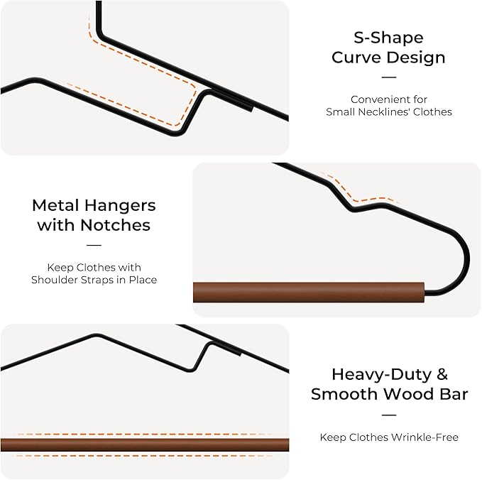 StorageWorks Wire Hangers with Wooden Bar, Heavy Duty Metal Hanger for Pants, Coats, Shirts, Jackets and Suits, 20 Pack
