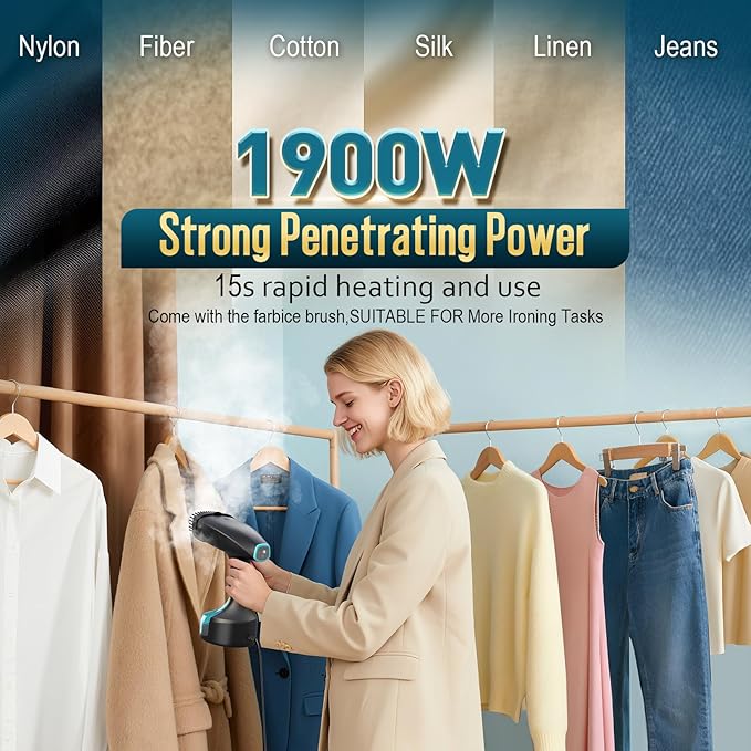 Steamer for Clothes, 1900W Strong Penetrating Steam Portable Handheld Garment Steamer Clothes Steamer with 3 Steam Settings, Fabric Brush, 300ml Big Capacity, Travel Steamers Iron Safe Removes Wrinkle