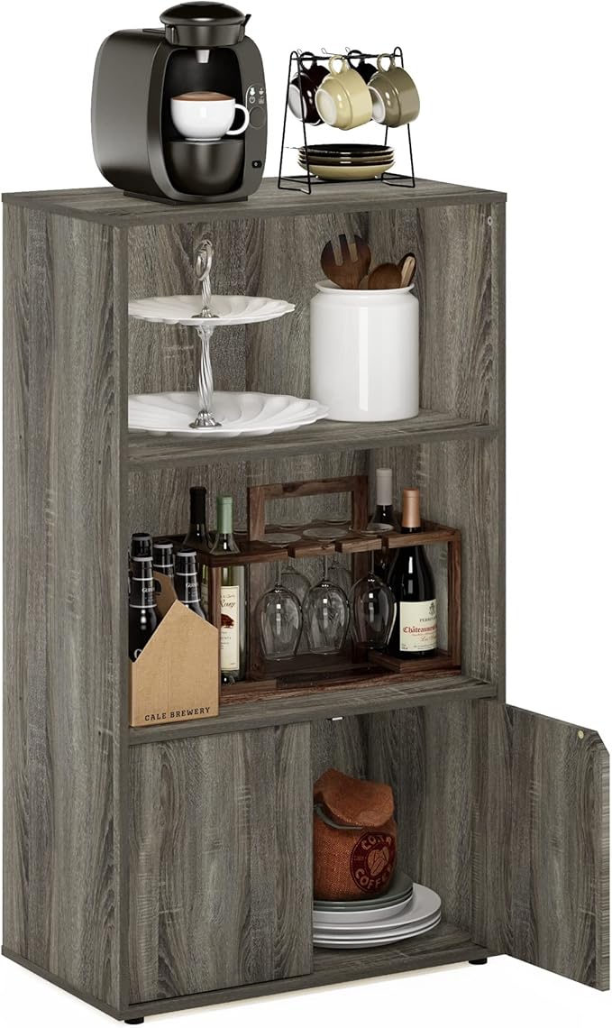 Furinno Jaya Pantry Organizers, 3-Tier Kitchen Cabinet, Coffee Bar, Kitchen Storage with Open Shelves and Closed Cabinet, for Pantry Organizers and Storage, Grey Oak