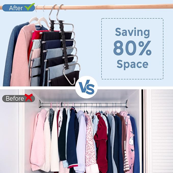 Magic Pants Hangers Space Saving - 2 Pack Multi Layers Pant Hangers with Clips - Non Slip Scarf Hanger Jean Organizer for Closet - Multi Functional Pants Rack (2 Pack with 6 Hanging Clips)