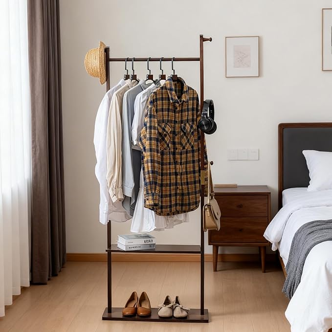 Clothes Rack Solid Wood Coat Rack with Shelves and Hooks – Garment Clothing Rack Coat Rack with Storage for Hallway, Bedroom, Living Room, 23.6 inch, Walnut