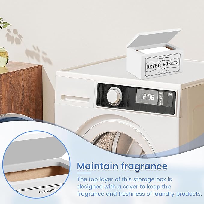 Dryer Sheet Holder with Lid, Wooden Laundry Room Organization and Storage, Large Capacity Softener Sheets Dispenser, Fabric Softener Container for Laundry Room Bathroom (White)