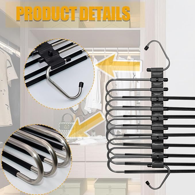 2Pack 9 Layers Foldable Pants Hangers Space Saving Trouser Hanger Multifunctional Trouser Rack Hanger Hanging Hole for Wardrobe Trousers Scarf Jeans (Black)