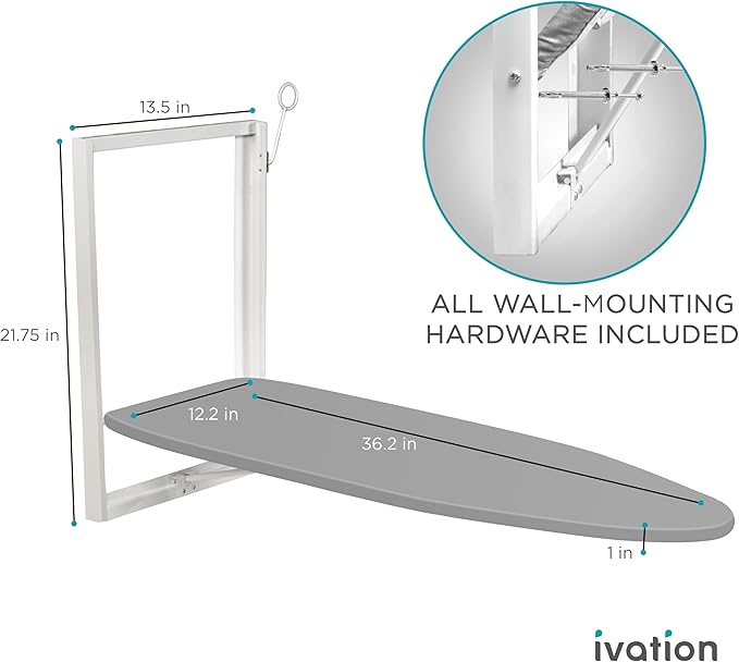 Ivation Wall-Mounted Ironing Board | Foldable 36.2” x 12.2” Ironing Station for Home, Apartment & Small Spaces | Sturdy Folding Board, Easy-Release Lever, Removable Cotton Cover & Mounting Hardware