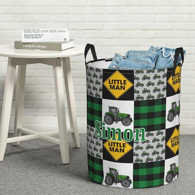 Green Farm Tractor Tractor Personalized Laundry Hamper Custom with Name Collapsible Waterproof Storage Basket with Handles for Bedroom Decor Gift.