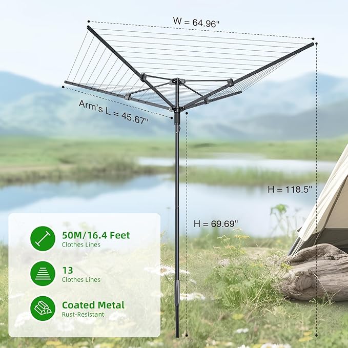 Outdoor Umbrella Clothes Drying Rack, 165 Feet Drying Space, 4 Arms 12 Lines, Steel Frame with Ground Spike, Rotary Clothesline for Backyard