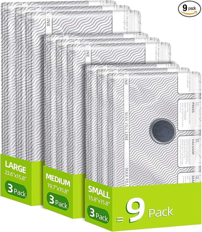 Travel Vacuum Storage Bags,9 Pack Carry-On Size Compression Packing Bags for Luggage and Suitcase, Space Saver for Clothes and Clothing Travel 80% Space Saver.