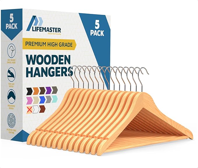 Lifemaster Wooden Clothes Hangers – with 360 Degree Swivel Hook and Non-Slip Shoulder Notch, Holds Up to 10 lbs, Pants Bar Design, Organizing Suit, Dress, Coat, and Clothes, Pack of 5, Natural Color
